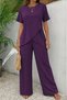 Women's Short Sleeve Crew Neck Asymmetrical Cut Detailed Wrinkled Blouse and Trousers Two-Piece Set - 2