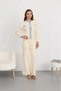 Women's Brown Denim Detailed Knitwear Double Set - Buttoned Cardigan and Wide-Legged Trousers
