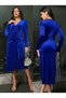 Women's Saks Blue Double Breasted V-Neck Draped Long Sleeve Velvet Midi Evening Dress - 2