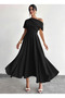 Women's Black Off-The-Shoulder Short Sleeve Pleated Long Janjan Crepe Dress