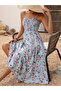 Women's Patterned Long Single Jersey Dress with Wide V-Neck and Rope Strap