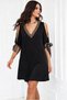 Women's Black V-Neck Off-Shoulder Tie Detailed Stripe Patterned Short Sleeve Mini Dress - 6