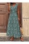 Women's Green Shawl Patterned Sleeveless V-Neck Flared Skirt Long Maxi Casual Summer Dress - 2