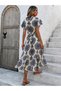 Women's Beige Short-Sleeved Double-Breasted Collared Waist-Tie Patterned Single Jersey Midi Dress - 2
