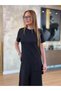Women's Black Short Sleeve Crew Neck Front Pocket Slit Midi Length Combed Cotton Casual Dress - 4