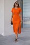 Women's Short Sleeve Crew Neck Side Slit Midi Viscose Dress