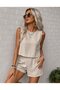 Women's Beige Linen Textured Sleeveless Crew Neck Crop Blouse with Shorts Summer Two-Piece Set - 2