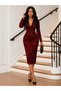 Women's Burgundy Leopard Print Lace Detailed Deep V-Neck Long Sleeve Slit Midi Pencil Dress - 3