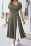 Women's Green Button Detailed Short Sleeve Asymmetrical Collar Midi Viscose Dress