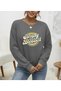 Women's Gray Crew Neck Long Sleeve Vintage Lettering Printed Drop Shoulder Sweatshirt Blouse