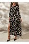 Women's Black Patterned Shirt Collar Buttoned Belted Slit Long Sleeve Maxi Dress