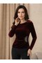 Women's long sleeve open neck velvet blouse with stone detail from the waist - 3