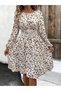 Women's Beige Leopard Patterned Waist-Cinched Crew Neck Long Sleeve Midi Dress - 3