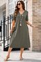 Women's Khaki V-Neck Short Sleeve Midi Length Flowy Comfortable Fit Flared Casual Combed Cotton Dress - 2