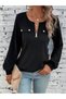 Women's Black Half Zipper Ribbed Long Sleeve Pocket Cover Buttoned Camisole Blouse - 4
