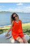 Women's Orange Ring Detailed Thick Strap Shorts Two-Piece Set Sleeveless Crew Neck - 2