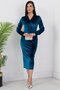 Women's Blue Velvet Fabric Cuffed V-Neck Pencil Dress - 4