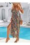 Women's Long Patterned Single Jersey Dress with Rope Straps and Cross Cut Detail on the Back - 3