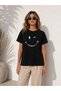 Women's Black Smiley Face Smiley Printed Crew Neck Short Sleeve Cotton T-Shirt T-Shirt - 2