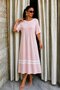 Women's Pink Crew Neck Short Sleeve Stripe Detailed Relaxed Fit Cotton Midi Casual Dress