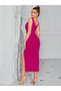 Women's Strappy, Low-Cut, Side Gathered, Slit Midi Imported Crepe Dress - 2