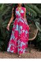 Women's Strappy Double Breasted Collared Floral Patterned Long Single Jersey Dress - 2