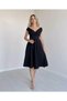 Women's Black Double Breasted V Neck Sleeveless Off Shoulder Flared Midi Length Evening Cocktail Dress - 2