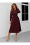 Women's Burgundy Crew Neck Long Sleeve Belted Waist Midi Waffle Dress - 2
