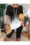 Women's Black Crew Neck Short Sleeve Loose T-Shirt Biker Cycling Tights Two-Piece Set