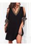 Women's Black V-Neck Off-Shoulder Tie Detailed Stripe Patterned Short Sleeve Mini Dress - 5