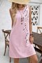 Women's Powder Color Sleeveless Crew Neck Floral Embroidered Linen Textured Above Knee Casual Summer Dress - 2