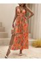 Women's Halter Neck V-Neck Slit Long Patterned Single Jersey Dress with Rope Straps - 5