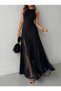 Women's Strappy Crew Neck Asymmetrical Hem Tulle Detailed Long Imported Crepe Dress - 3