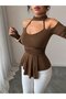Women's off-the-shoulder mock neck long sleeve v-neck pleated viscose blouse - 2