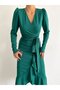 Women's green crepe midi dress with belt and long sleeves - 4