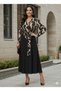 Women's Brown Long Sleeve Double Breasted Collar Diver Crepe Midi Length Dress