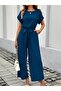 Women's Short Sleeve Round Neck Aerobin Jumpsuit with Elastic Waist and Pockets - 3