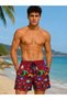 Men's Sea-Themed Fish Patterned Swim Shorts with Zipper Pockets and Mesh Lining - Burgundy