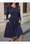 Women's Long Sleeve V-Neck Midi Imported Crepe Dress with Pockets - 3
