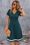 Women's Short Sleeve V-Neck Midi Janjan Crepe Dress with Striped Hem - 3