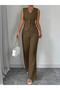 Women's Brown Strappy Front-Button Blouse and Trousers Linen Two-Piece Set - 7