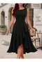 Women's Black Round Neck Front Ruffle Asymmetrical Detailed Midi Janjan Crepe Dress