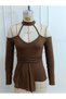Women's off-the-shoulder mock neck long sleeve v-neck pleated viscose blouse - 4