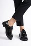 Komes Front Buckle Detailed Rubber Sole Women's Genuine Leather Shoes Black Patent Leather
