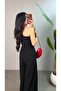 Women's Black One-Shoulder Drawstring Detailed Wide-Leg Long Sandy Jumpsuit - 4