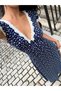 Women's Short Sleeve Deep V Neck Lace Detailed Floral Patterned Long Single Jersey Dress - 2