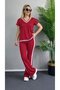 Women's Red V-Neck Short Sleeve Striped Spanish Flare Pants Tracksuit Bottom Top Set - 2