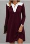 Women's Burgundy White Color Block V-Neck Long Sleeve Flowy A-Line Knee Length Casual Combed Cotton Dress