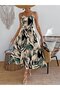 Women's Rope Strap V-Neck Long Patterned Single Jersey Dress with Belt at the Waist - 3