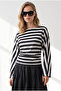 Women's Black White Draped Thick Striped Boat Neck Spanish Sleeve Blouse Blz-19003448 - 5